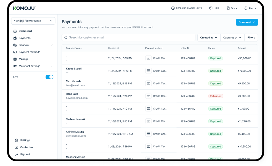 KOMOJU Terminal (card payments terminal) Dashboard in English setting