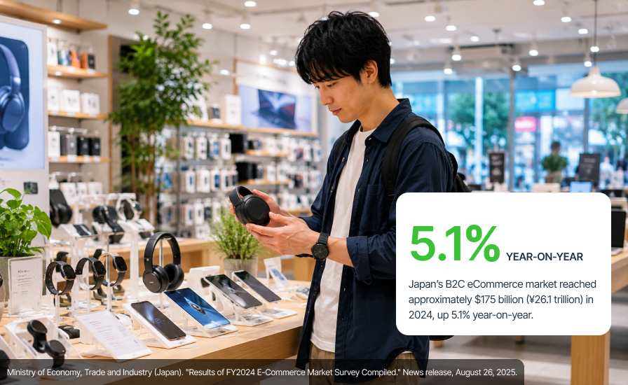 A Japanese man shopping with overlay showing stats on Japanese ecommerce.